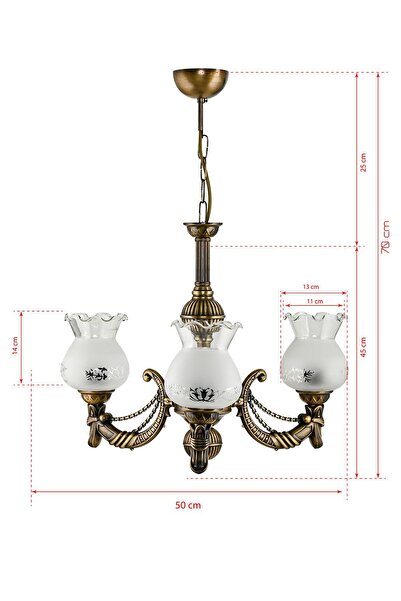 DEDE ÜÇ KOLLU METAL ESKİTME CADENA DÖKÜM ZAMAK AVİZE MAT BEYAZ CAMLI