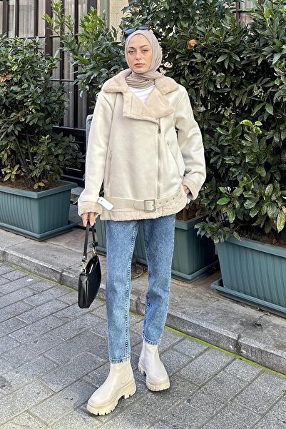 lamelif Γούνινο Λεπτομερές Σουέντ Παλτό Πέτρα