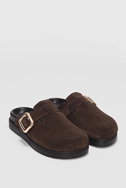 selin shoes Melby Genuine Leather Adjustable Buckle Detailed Women's Slippers - Brown Suede