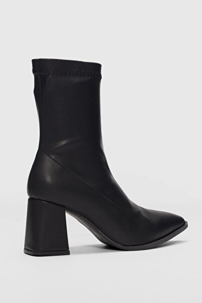 selin shoes Areson Kısa Topuklu Sivri Burun Streç Kadın Bot- SİYAH