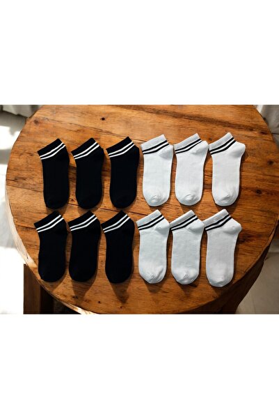 KAYSSOCK 12’li Ekonomik Paket Kadın Erkek Siyah Ve Beyaz Şeritli Patik Çorap