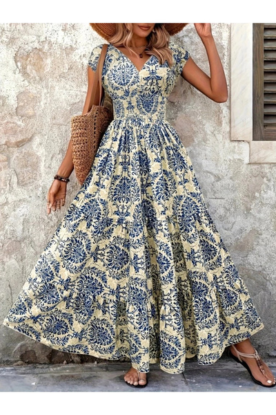 Butik Kadın Kısa Kollu Kruvaze Yaka Beli Lastikli Süprem Maksi Boy Elbise