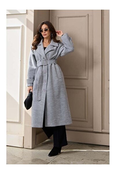 manana fashion Gray Epaulet Wool Blend Belted Oversize Cashmere Coat