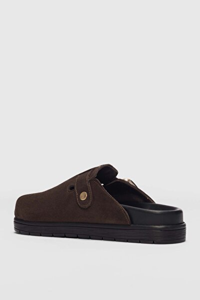 selin shoes Melby Genuine Leather Adjustable Buckle Detailed Women's Slippers - Brown Suede