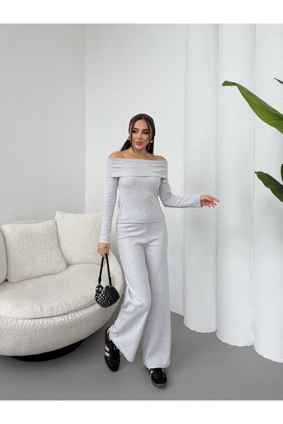 bemmoda Women's Madonna Collar Hooded Wide Ribbed Stretchy Blouse and Pants Set