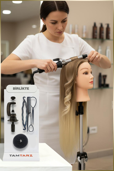 BilfolD Manechin de antrenament pentru coafor maro - platină / Suport de masă / Set de împletit și cocuri