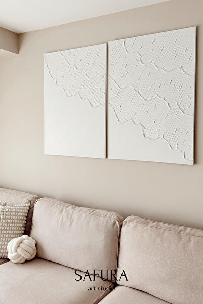 Safura Art Studio Dokulu Tablo – El Yapımı 3 Boyutlu Alçı Minimalist Doku, Modern İskandinav Kabartmalı (Dalga No:1)