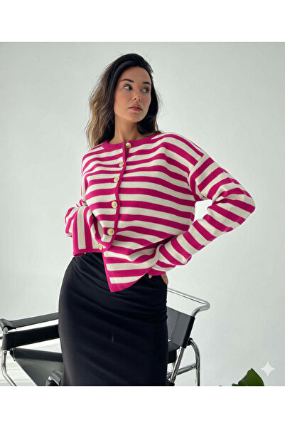 HAFT Çizgili Uzun Kollu Yuvarlak Yaka Triko Hırka – Premium Kadın Koleksiyonu