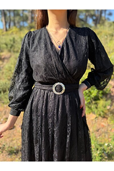 avzem Siyah Midi Boy Kruvaze Yaka Tamamı Dantel Astarlı Kloş Abiye Düğün Nişan Kına Gece Davet Elbise