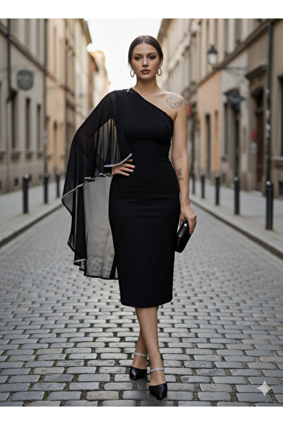 PELTEX Siyah Midi Boy Pelerin Kollu Tasarım Abiye Düğün Davet Gece Nişan Kına Isteme Söz Kalem Elbise