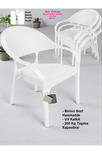 nar sokağı 4 Adet Bambu Rattan Kollu Sandalye Koltuk 4'lü Set