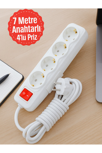 Tntech 7 Metre 4'lü Anahtarlı Kablolu Topraklı Grup Priz