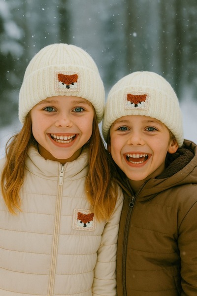 byebruketenci Căciulă pentru copii din lână crem, model Vulpe - Beretă cu det...