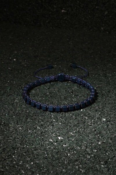 Sırlı Taş Hematit Doğal Taş Bileklik - Lacivert Renk Kare Kesim İpli Ayarlana...