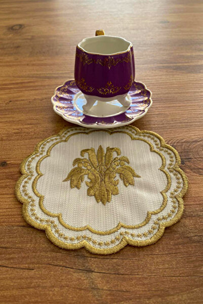 NAKIŞHAN Lalegül Special Embroidered Linen Coffee Presentation Napkin-Gold 6-Piece