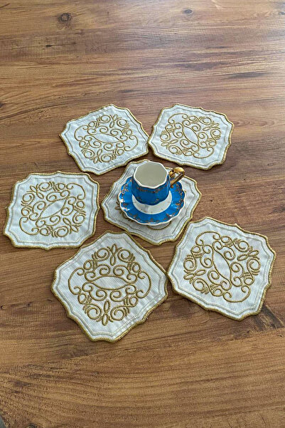 NAKIŞHAN Mihrimah Special Embroidered Linen Coffee Presentation Napkin-Gold 6-Piece