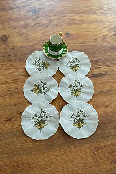 NAKIŞHAN Papatya Buket Özel Nakışlı Keten Kahve Sunumluk Peçetesi-Yeşil/Gold 6-Adet