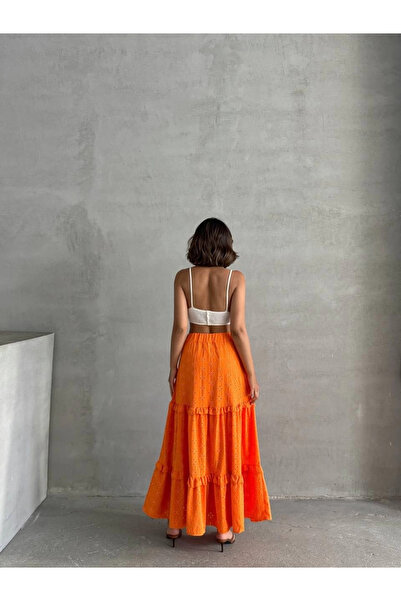 Zerenyus Ruffle Brode Lining Long Skirt Orange