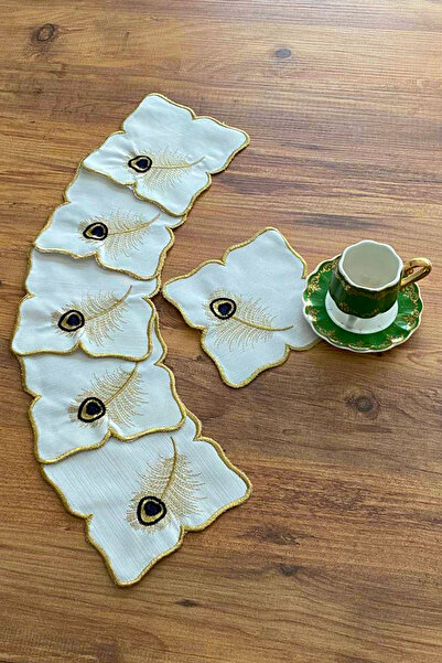 NAKIŞHAN Peacock Special Embroidered Linen Coffee Presentation Napkin-Gold/Black 6-Pieces