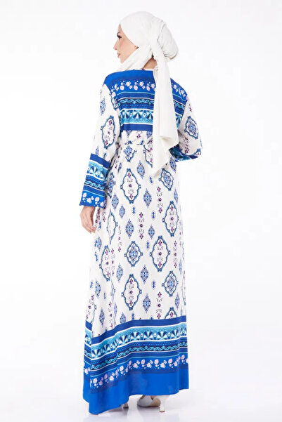 Zerenyus Γυναικείο φόρεμα με ίσιο λαιμόκοψη με μπλε έθνικ σχέδιο