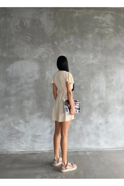 Zerenyus Women's Wrinkled Fabric Double-Breasted Collar Belted Waist Mini Beige Dress