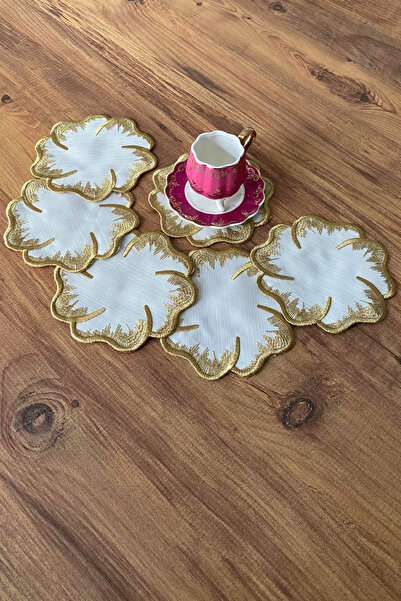 NAKIŞHAN Sarmaşık Special Embroidered Linen Coffee Presentation Napkin-Gold 6-Piece