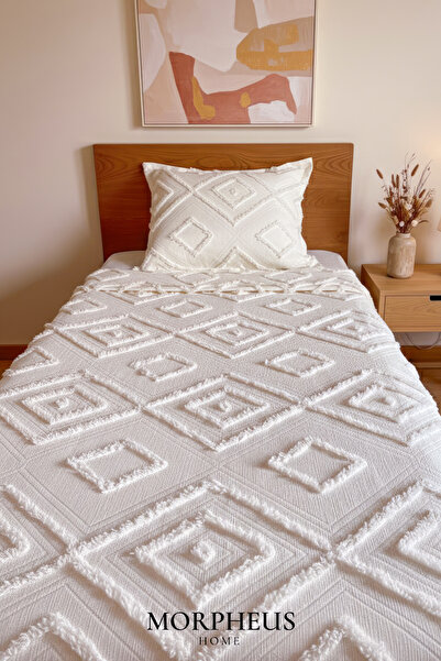 Morpheus Home İskandinav Püsküllü Tek Kişilik Yatak Örtüsü Ekru 180 x 250 Tek Yastık