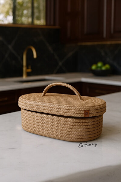 evdeucuz Jüt Hasır Sepet Oval Kapaklı Organizer 30x20