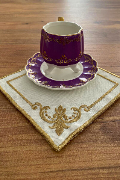 NAKIŞHAN Special Embroidered Linen Coffee Serving Napkin with Tulips - Gold 6-Piece