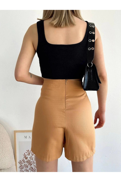 Zerenyus Four Snap Fastener Gabardine Shorts Skirt Camel