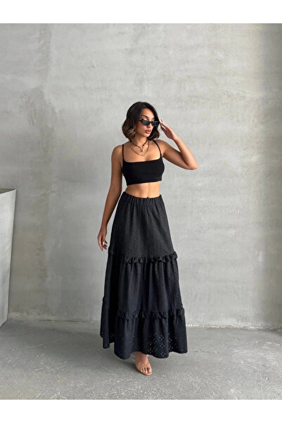 Zerenyus Ruffle Broderie Lining Long Skirt Black