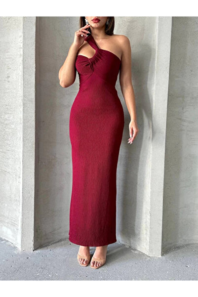 Zerenyus Crinkle One Shoulder Long Dress Burgundy