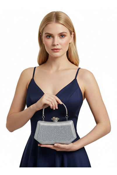 Biçanta Geantă de seară pentru femei, argintie, cu detaliu de perle, cu mâner...