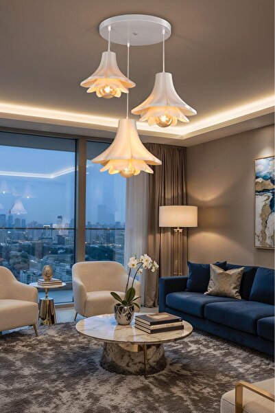 Limon 3D Desing 3 Lü Lotus Çiçek Sarkıt Avize Rustik 30-35-40 E27 Modern Avize Bohem Beton Görünüm -AMPUL HEDİYEDİR-