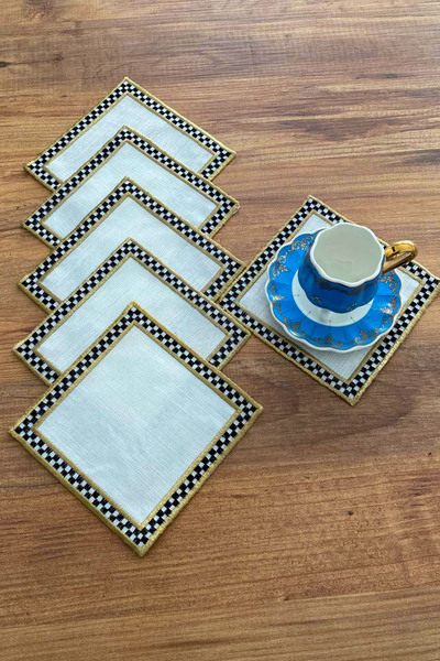 NAKIŞHAN Yıldız Özel Nakışlı Keten Kahve Sunumluk Peçetesi-Siyah/Gold 6-Adet