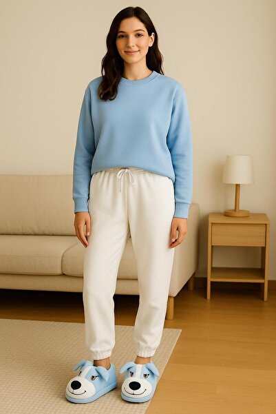 kuru Σετ Ζεστές Παντόφλες με Σχέδιο Σκύλου & Συνδυασμός Χοντρών Φλις Παντελον...