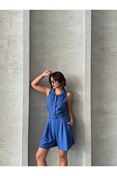 Zerenyus Collared Belted Shorts Jumpsuit Blue