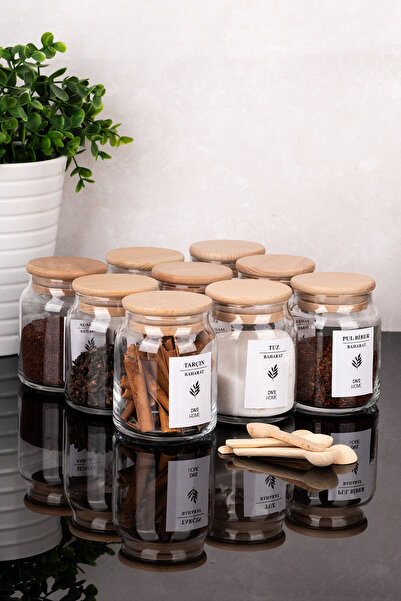 dnshome 9-Piece Glass Spice Jar Set 9 Spice Spoons Wooden Vacuum Lid Spice Ja...