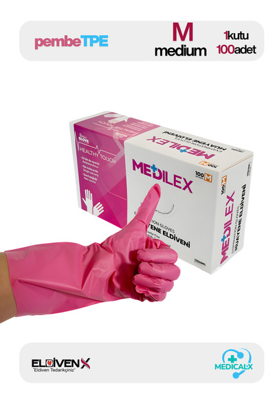 Medicalx Medilex Pembe Pudrasız Tpe (TERMO PLASTİK ELASTOMER) Eldiven (MEDİUM...