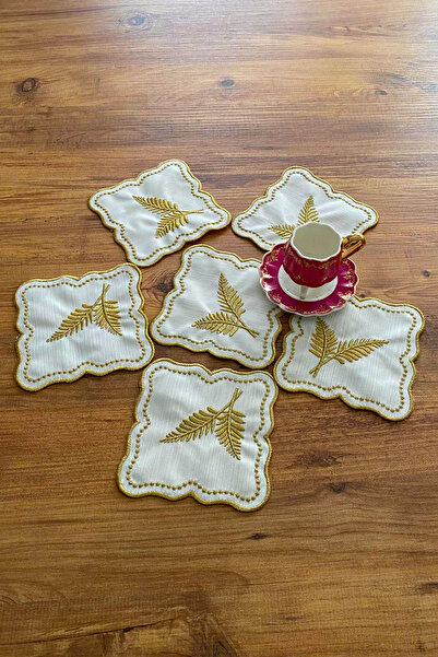 NAKIŞHAN Leaf Pattern Special Embroidered Coffee Presentation Napkin-Gold 6/Piece