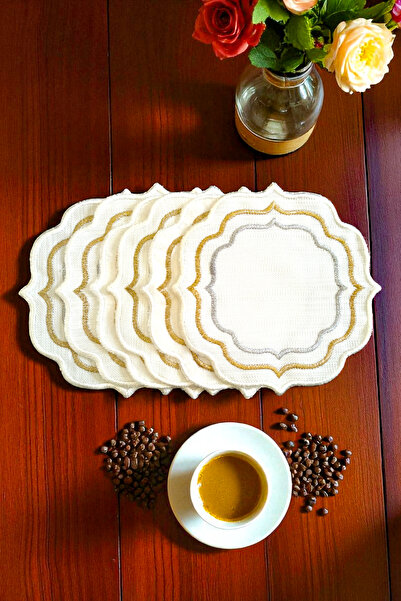 NAKIŞHAN Milano Özel Nakışlı Kahve Sunumluk Peçetesi-Gümüş/Gold 6-Adet