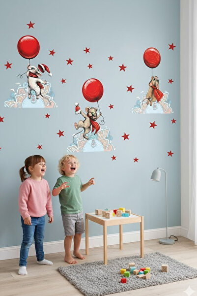 KT Decor Rabbits And Snowflakes With Red Balloons Pastel Color Wall Sticker Set