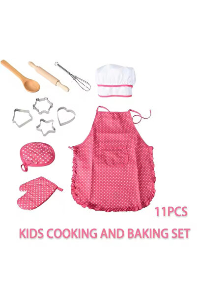 11PCS Kids Cooking Baking Set Chef Set, Includes Apron for Girls, Chef Hat, Mitt & Utensil Gif