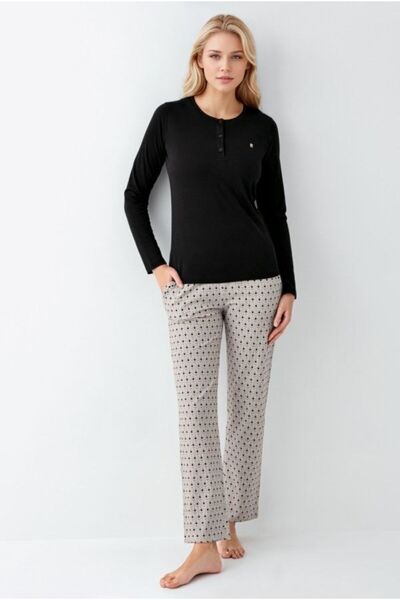 Pierre Cardin Kadın Giyim Modal & Pamuk Düğme Detaylı Uzun Kol 2'li Siyah Pijama Takımı OL.PC.9102.001