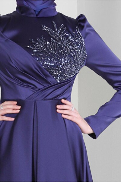 Alvina PUL İŞLEMELİ PİLİSELİ SATEN ABİYE ELBİSE 50354