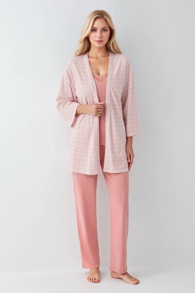 Pierre Cardin Kadın Modal Kutulu 3 Parça Pembe Sabahlık & Pijama Takımı OL.PC.908.2.001
