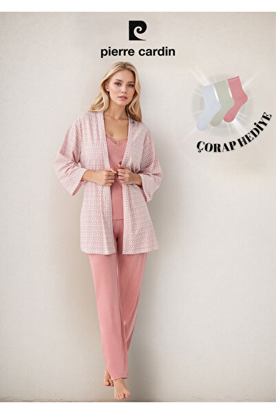 Pierre Cardin Kadın Modal Kutulu 3 Parça Pembe Sabahlık & Pijama Takımı OL.PC.908.2.001