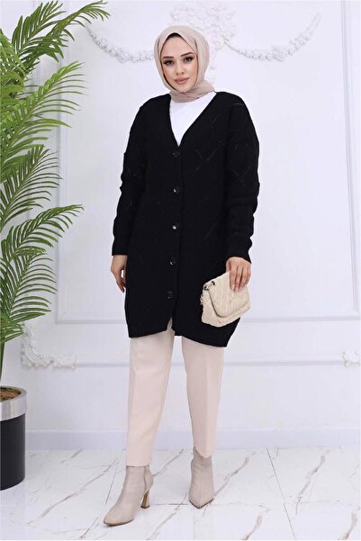 TRENDTESETTÜR Women's Black Baklava Patterned Cardigan t 904