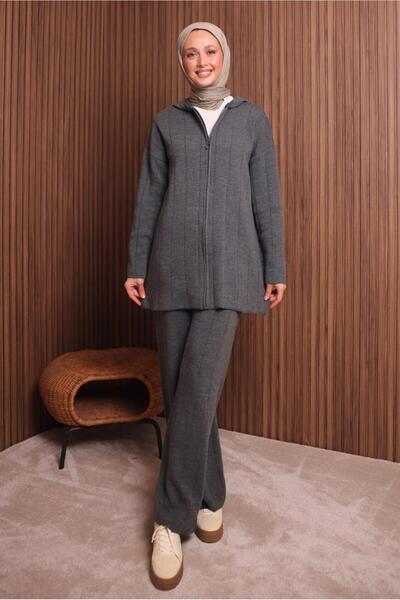TRENDTESETTÜR Women's Gray (Anthracite) Hooded Tricot Suit with Pants t 3307