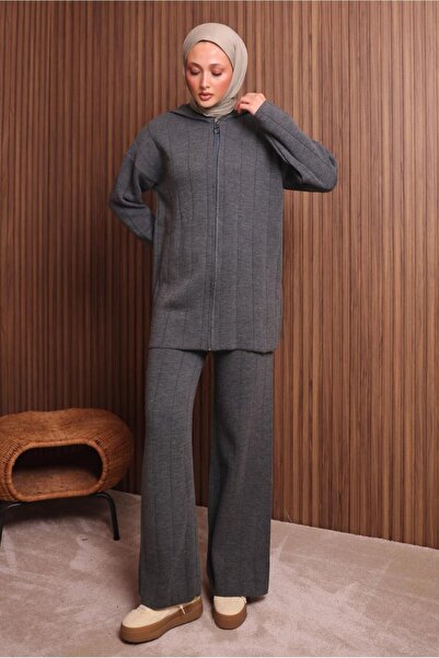 TRENDTESETTÜR Women's Gray (Anthracite) Hooded Tricot Suit with Pants t 3307